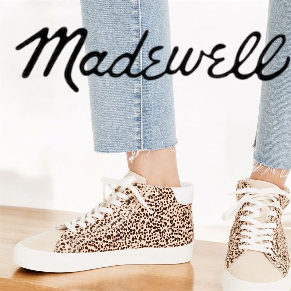 Madewell Women's Beige Black Leopard Print Leather High-Top Lace Up Sneakers